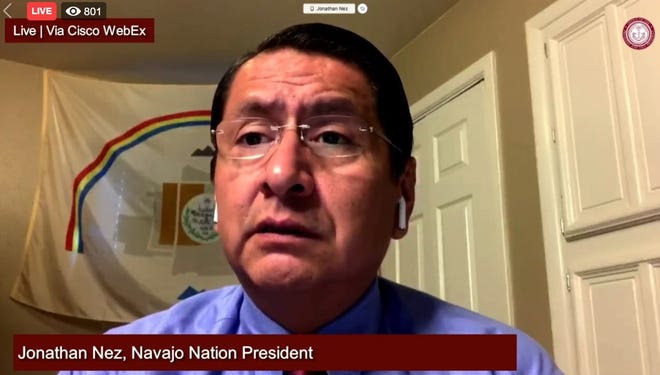 Navajo Nation President Jonathan Nez speaks to viewers during a town hall meeting that streamed live on Facebook on July 21.