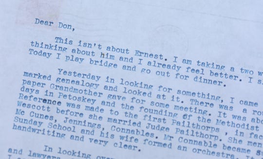 A letter from Marjorie Bump to Don St. John, who, between the two, wrote 250 letters back and forth in the late 1960s about Ernest Hemingway and other matters. Sydney Carroll, a 2020 graduate of West Bloomfield High School, spent part of last semester transcribing the letters of Bump, who was romantically linked to Hemingway at one point. Photographed on Tuesday, July 21, 2020.