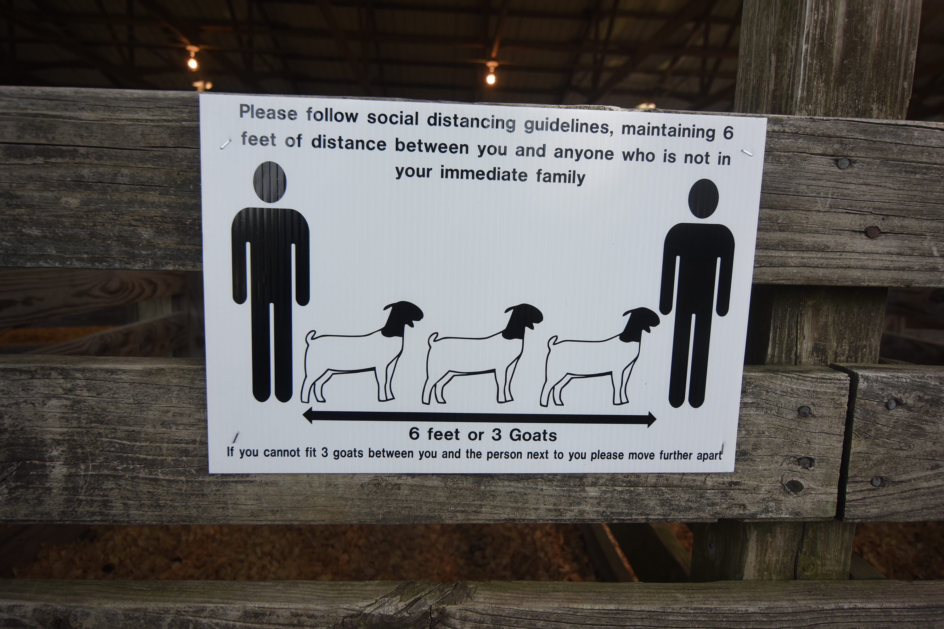 Humorous signs posted around the Warren County Fairgrounds in Indianola remind everyone to practice social distancing. The fair took extra precautions to protect against the spread of COVID-19 in order to hold competitions for FFA and 4-H members.