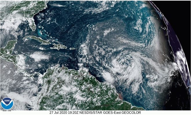 A large, broad low pressure system in the Atlantic that has a high chance of developing.