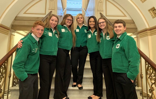 The 2019-2020 4-H state leadership team, shown here at last year’s state conference, will be saying farewell to the senior 4-H members during the virtual state conference. They are, from left to right, Evan Webster, president; Kaitlyn Kircher, parliamentarian; McKenzie Luna, reporter; Taylor Moore, secretary; Helena Ramirez, vice president; Alyssa McAlister, treasurer; and Randy Halvorsen; song and recreation leader.