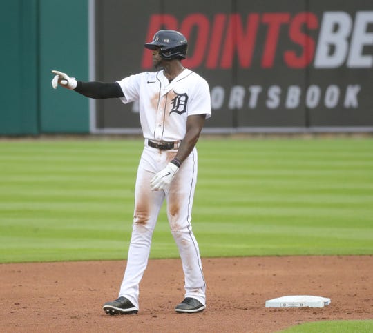 Tigers right fielder Cameron Maybin doubles against Royals pitcher Mike Montgomery during the second inning at Comerica Park on Monday, July 27, 2020.
