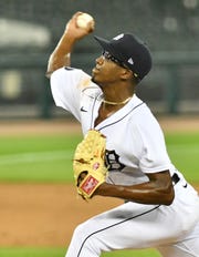 Tigers pitcher Anthony Castro works in the ninth inning.  Detroit Tigers vs Kansas City Royals in Tigers home opener at Comerica Park in Detroit on July 27, 2020.
