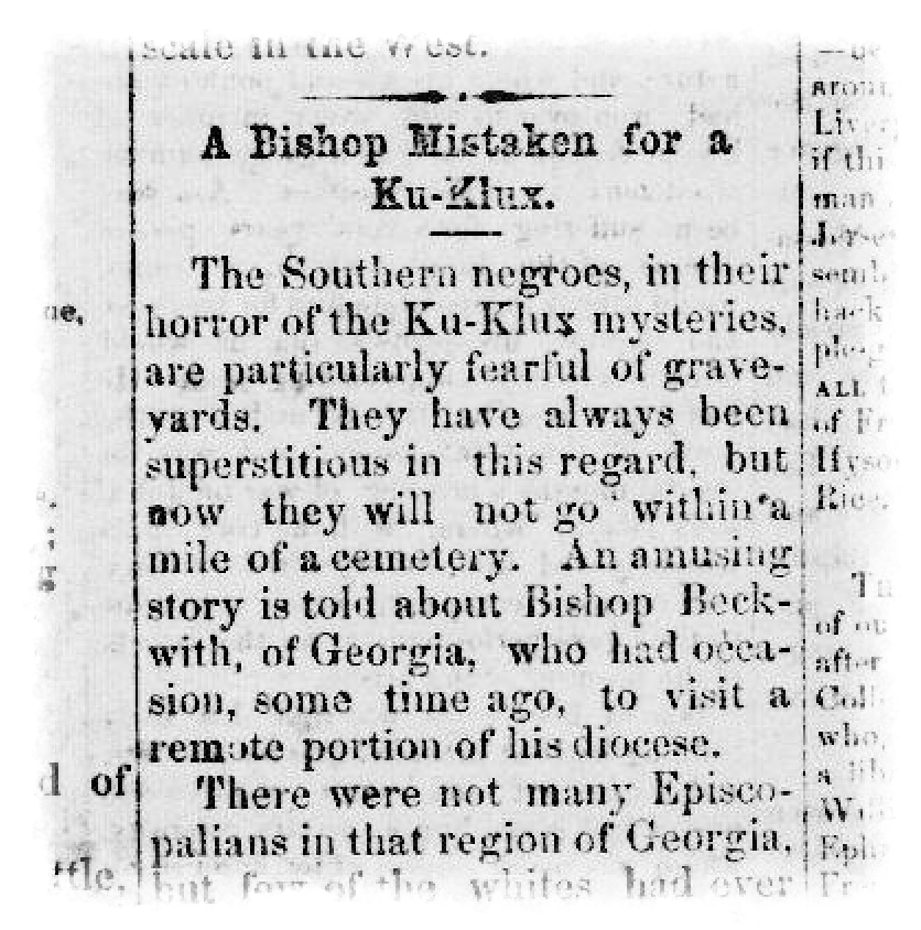 Lafayette Advertiser clipping from Feb. 10, 1869, in which Black people are disparaged and said to be afraid of graveyards due to "their horror of the Ku-Klux mysteries."