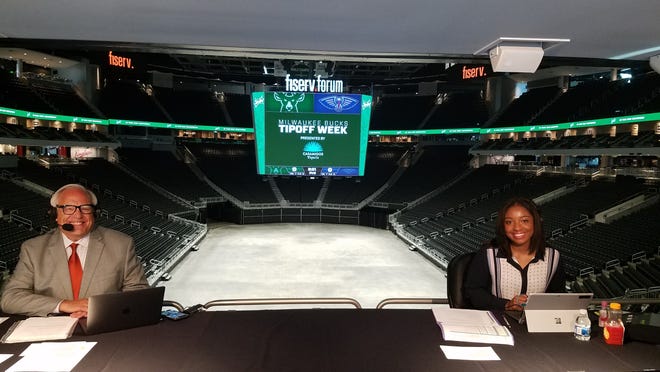 Jim Paschke, left, and Zora Stephenson, right, called the Bucks' three scrimmages from inside Fiserv Forum.