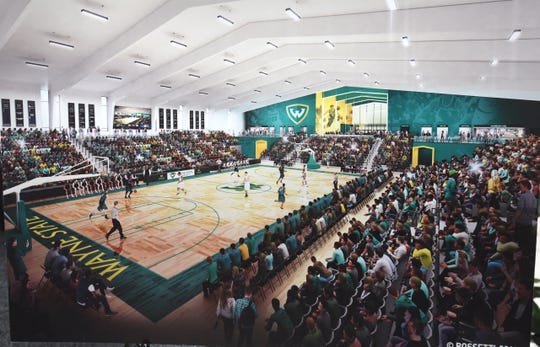 Wayne State University shows an artist rendering for the planned construction of a $25 million arena for the WSU men's and women's basketball teams in partnership with the Detroit Pistons during a news conference in May 2019.