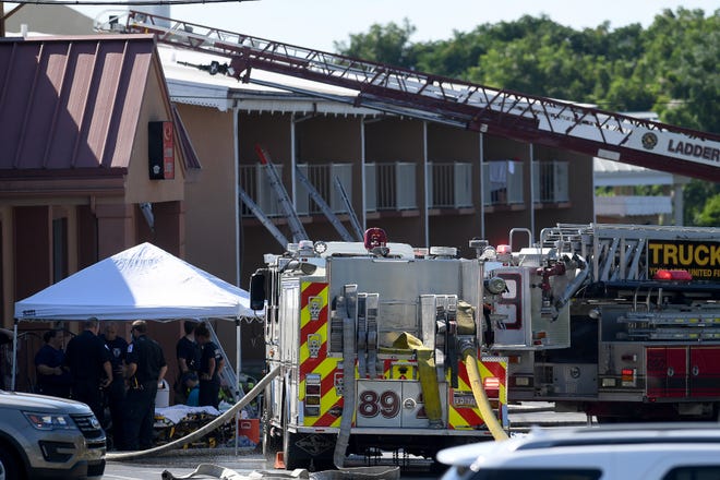 Fire crews battlle a two-alarm fire at the Econo Lodge, 222 Arsenal Road, Manchester Township,  Wednesday, July 28, 2020. 
John A. Pavoncello photo