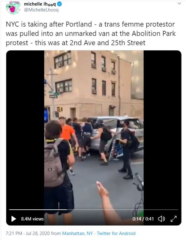 New York police officers force protester into unmarked van, video shows: 'NYC is taking after Portland' thumbnail