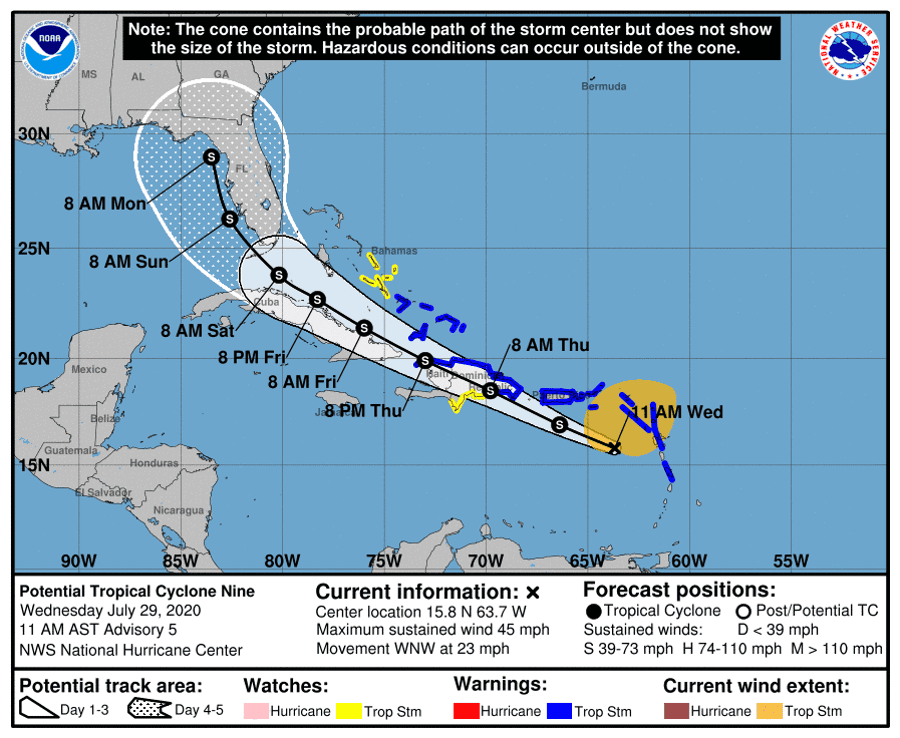 The projected path of what's expected to become Tropical Storm Isaias.