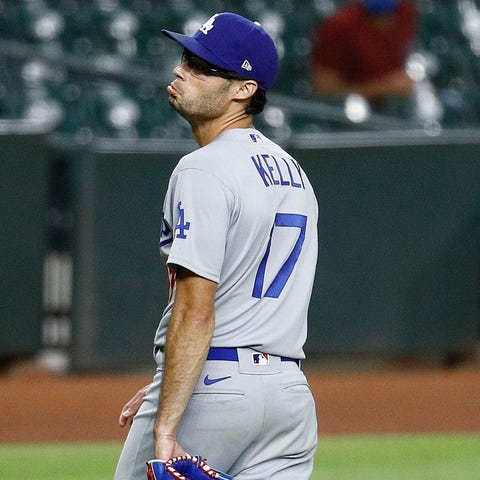 Joe Kelly of the Los Angeles Dodgers reacts after 