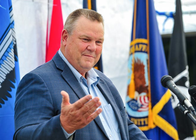 Sen. Jon Tester, D-Mont., addresses a crowd gathered for the grand opening ceremony of the Montana Veterans Affairs Great Falls Medical Center in July of 2020.