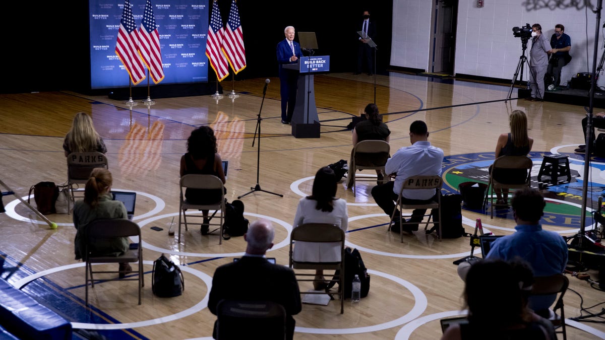 Former Vice President Joe Biden, the presumptive Democratic nominee to challenge President Donald Trump, speaks July 28, 2020, at a campaign event at the William "Hicks" Anderson Community Center in Wilmington, Del.