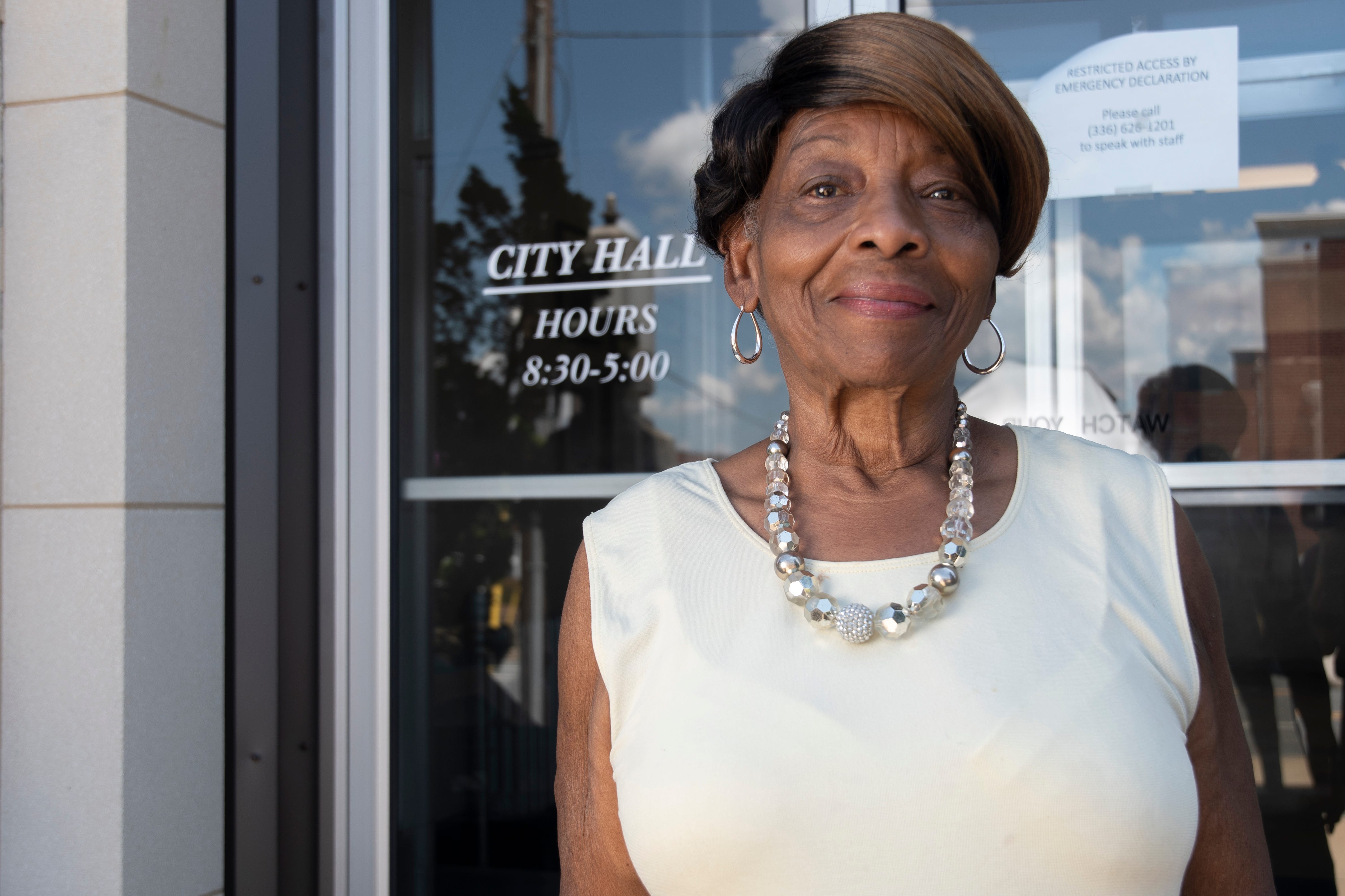 Katie Snuggs in front of City Hall in Asheboro, N.C. She is the first Black city councilwoman since the city was incorporated in 1796.