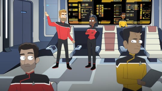 Commander Ransom (Jerry O'Connell), second from left, talks to U.S.S. Cerritos Captain Carol Freeman (Dawnn Lewis) on the new CBS All Access series, 'Star Trek: Lower Decks.'