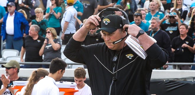 Jaguars head coach Doug Marrone looks on during a 2019 game. Marrone said the team is following all COVID-19 protocols. [Gary Lloyd McCullough/For the Times-Union]