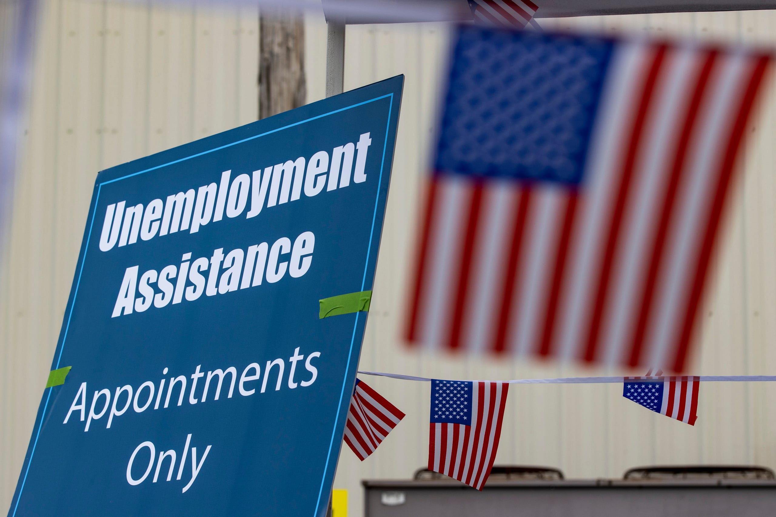 Signage for unemployment assistance at the UAW Local 862. August 3, 2020