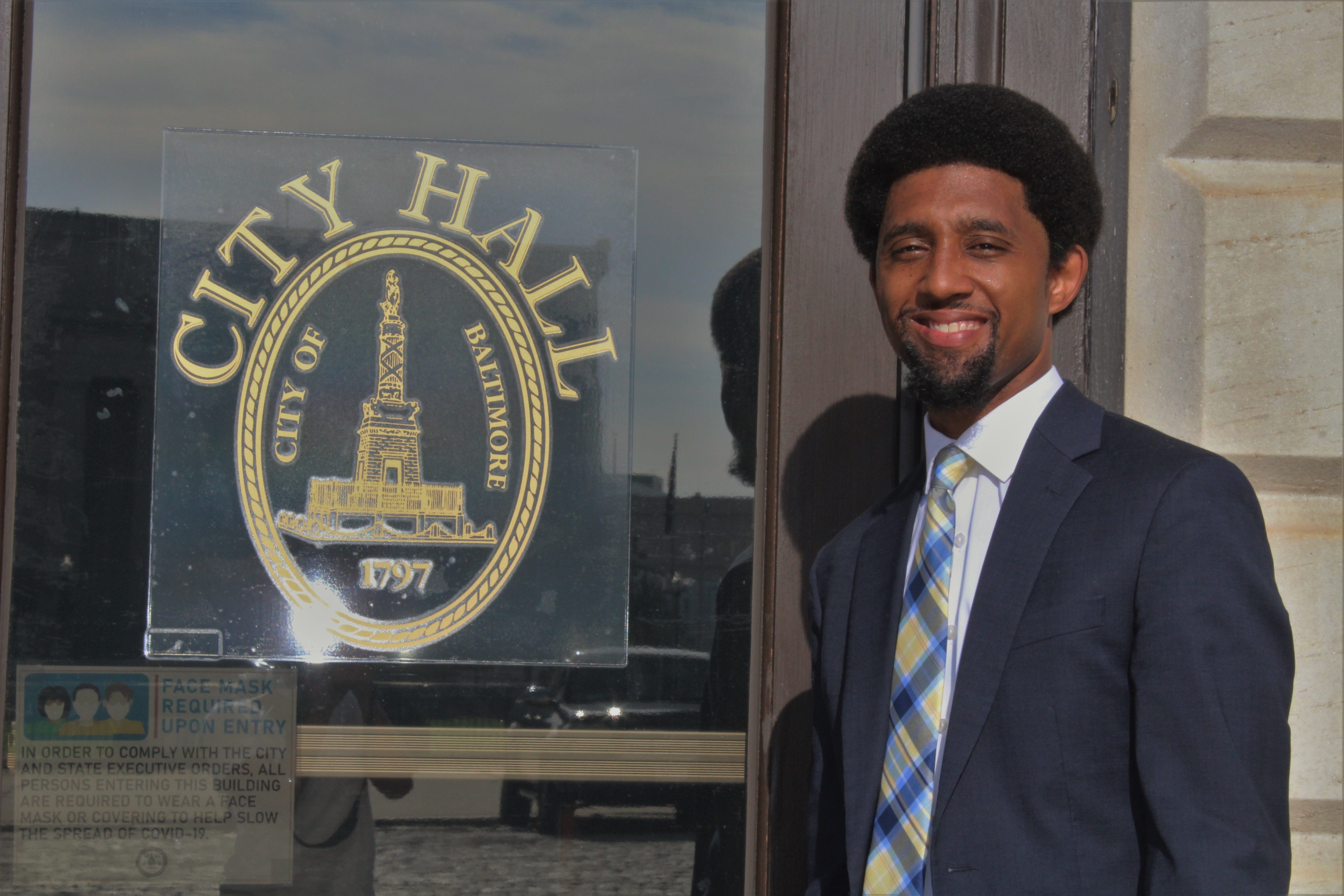 Baltimore City Council President Brandon Scott is shown outside of city hall on July 31, 2020.