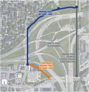 A map shows how the Monon Trail will detour around the North Split during the interchange's reconstruction.