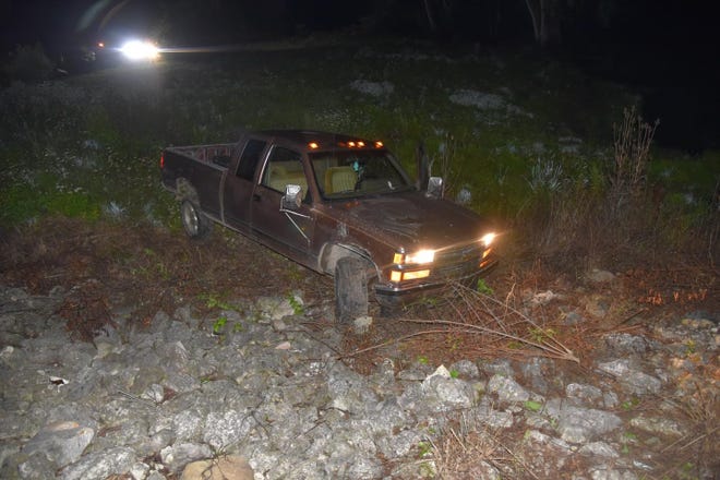 The driver of this pickup truck led a police chase Wednesday morning before leaving the roadway near Middlefork Reservoir. The driver and a passenger were arrested.