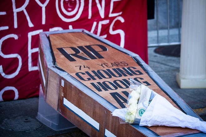 Family and community members gathered in San Francisco on May 28 for a vigil in honor of Choung Woohn Ahn, who died at the Mesa Verde ICE processing center in Bakersfield.