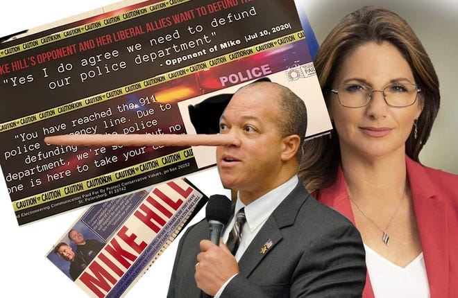 Mike Hill's recent mailer against his opponent Michelle Salzman falsely quotes her in support of defunding police.