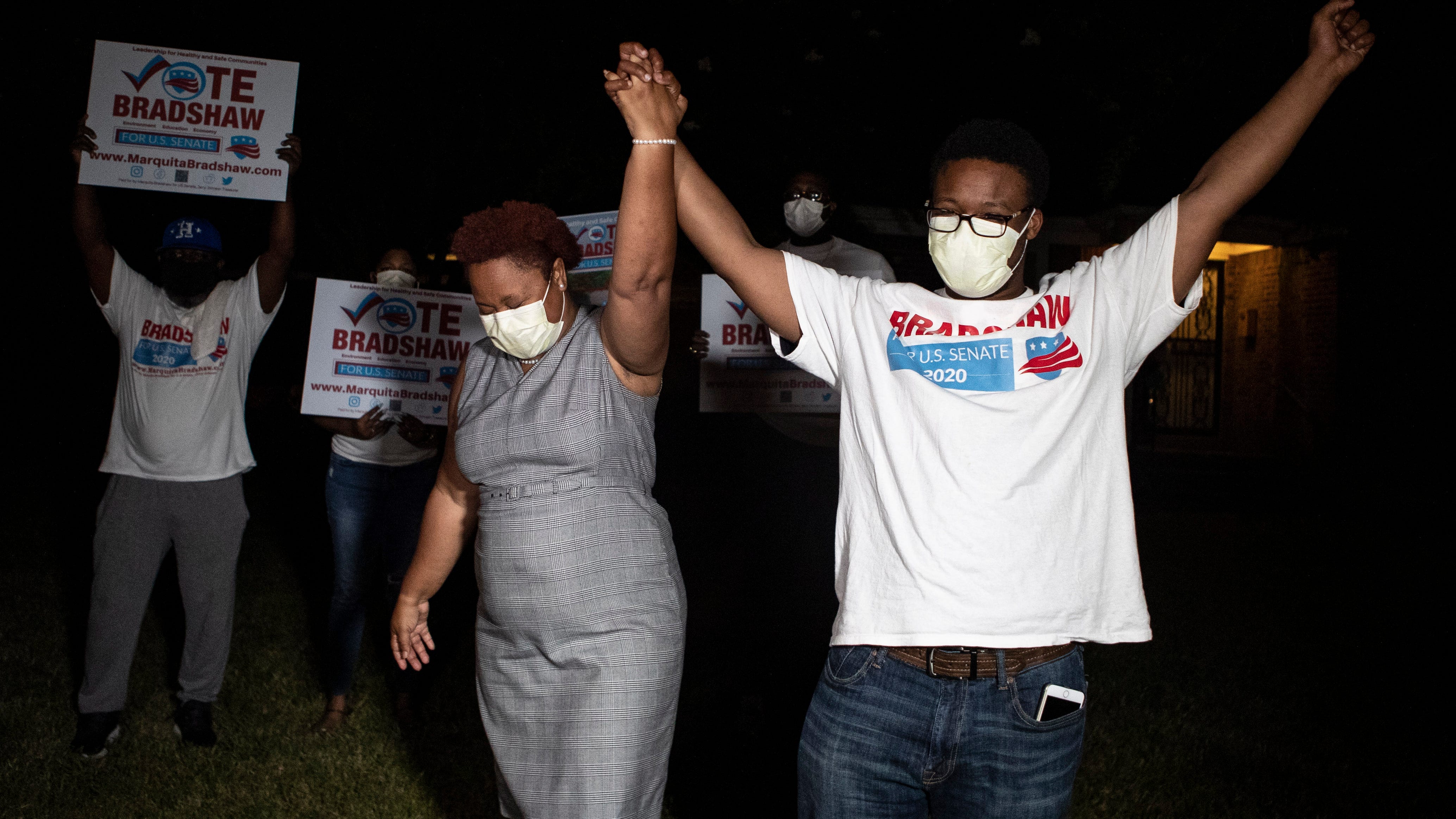 Marquita Bradshaw and Tre Black celebrate in Memphis after Bradshaw's upset win in the Democratic Senate primary on Thursday, Aug. 6, 2020.
