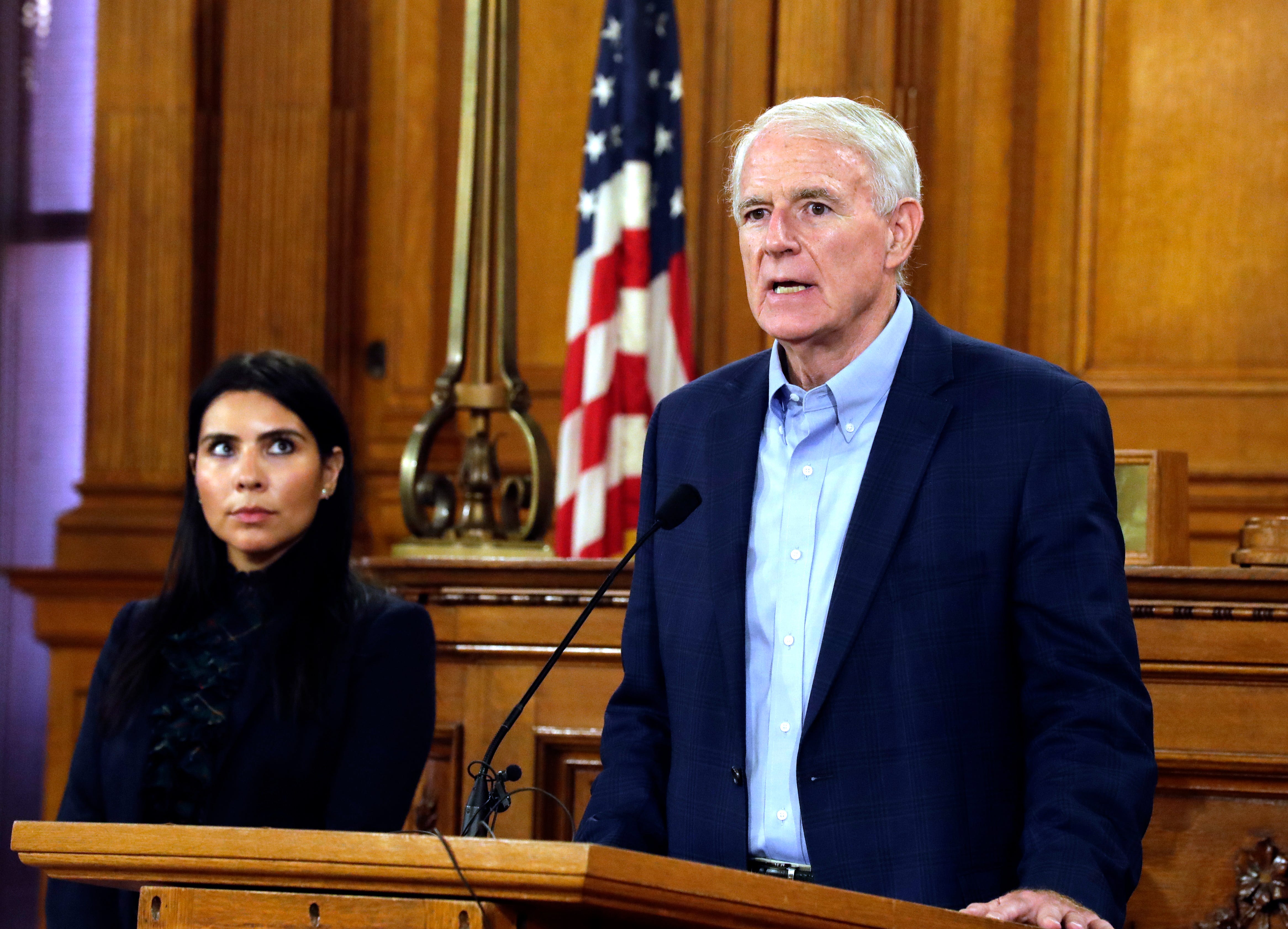 Griselda Aldrete, left, then executive director of the Fire and Police Commission, is shown with Milwaukee Mayor Tom Barrett in this 2020 photo.