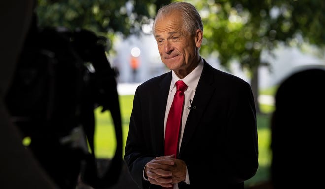 White House trade adviser Peter Navarro stands before a television interview at the White House, Aug. 3, 2020, in Washington.