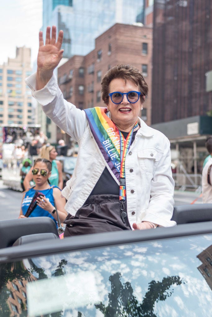 Billie Jean King, at the 2018 New York City Pride March, says rather than looking at the past, she looks ahead to the ongoing efforts for equal rights.
