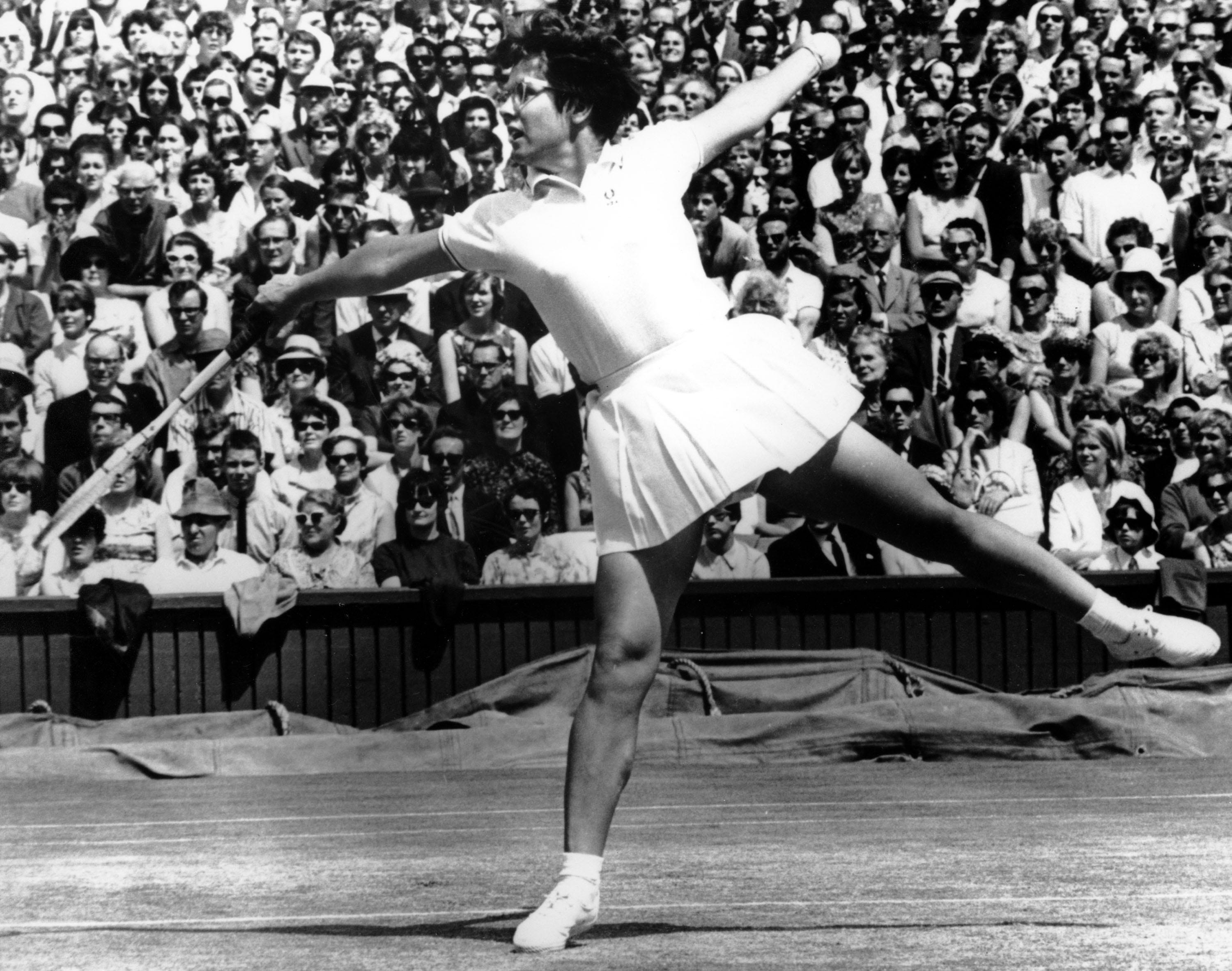 American tennis player Billie Jean King is seen in play during the women's singles at the All England Lawn Tennis Championships at Wimbledon in London on July 8, 1967. King defeated her opponent Anne Jones of Britain. (AP Photo)