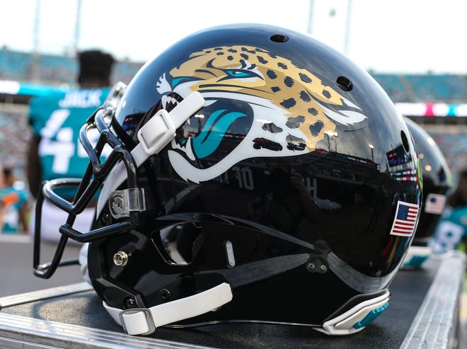 A Jaguars helmet is shown during an NFL preseason football game at TIAA Bank Field in Jacksonville, Fla., on Saturday, Aug. 25, 2018.