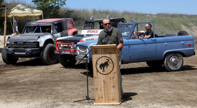 Mark LaNeve talks to members of the media during the 2020 Bronco Day event in Holly, Michigan on August 11, 2020. His role as vice president of U.S. marketing, sales and service he began in 2015 has ended, the company announced Monday.