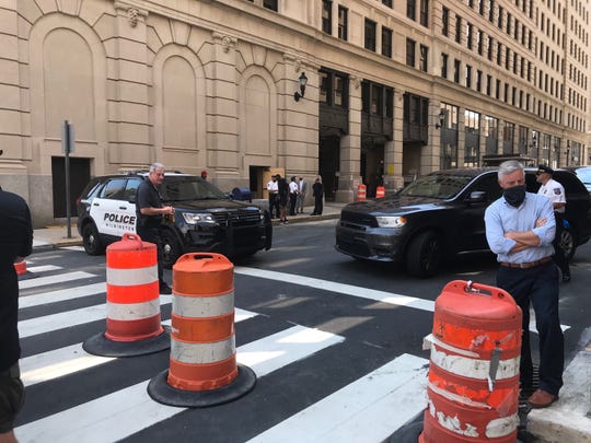 Wilmington police block off the road outside Hotel du Pont, where Sen. Kamala Harris arrived around 12:45 p.m. Wednesday
