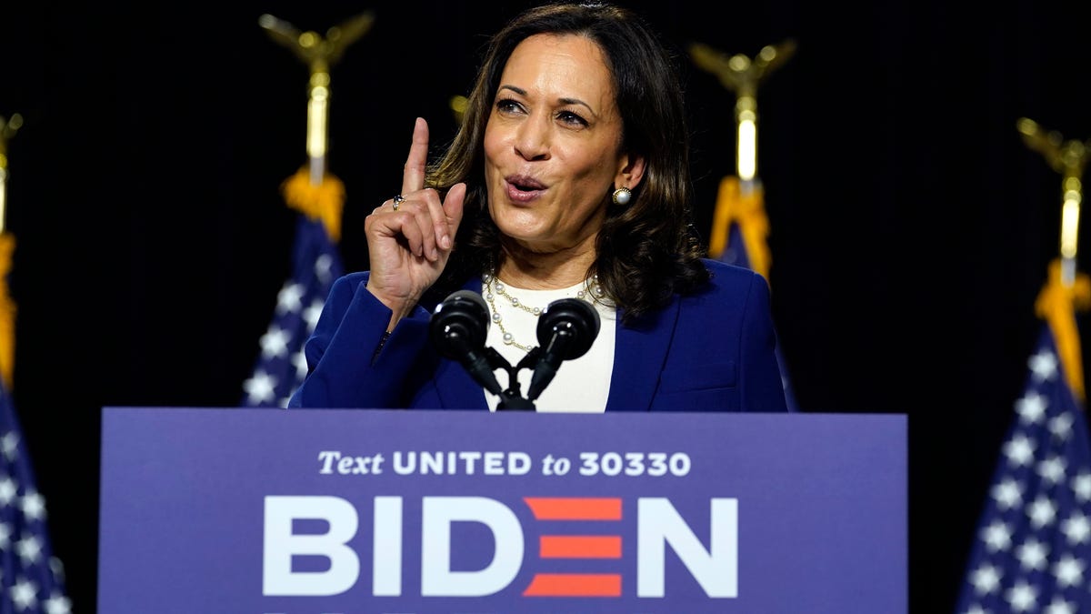 Sen. Kamala Harris, D-Calif., speaks after Democratic presidential candidate former Vice President Joe Biden introduced her as his running mate during a campaign event at Alexis Dupont High School in Wilmington, Del., Wednesday, Aug. 12, 2020.
