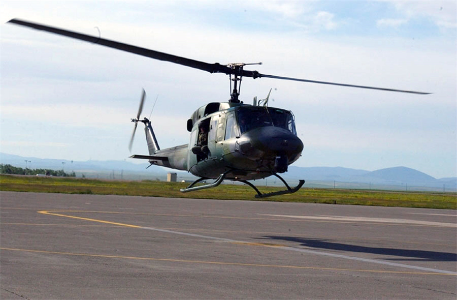 This undated photo shows a UH-1N Huey helicopter preparing to land at Malmstrom Air Force Base in Montana.