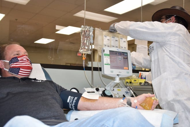 Donald Perry, a Fort Bragg civilian employee who recovered from COVID-19, donates plasma at the Fort Bragg Blood Donor Center on May 7. The director of the Defense Health Agency is asking patients who recovered from the virus to consider donating plasma.