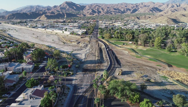 Work underway on the Ofelia Bringas Memorial Bridge in 2020. The bridge is now almost complete, with Coachella Valley residents and visitors able to drive on two lanes. It is anticipated to be fully open in June 2022.