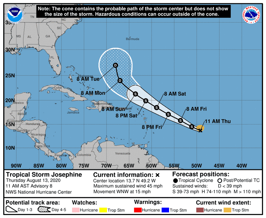 The projected forecast path of Tropical Storm Josephine.