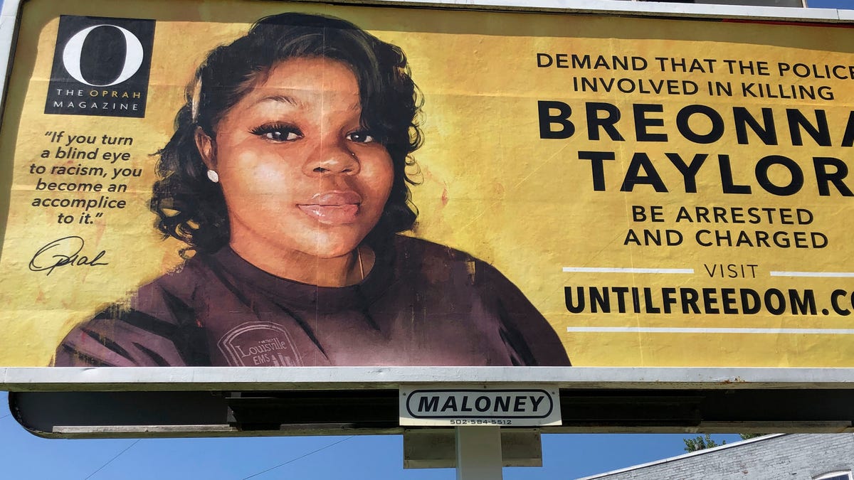 A billboard sponsored by O, The Oprah Magazine, is on display with a photo of Breonna Taylor. Twenty-six billboards are going up across Louisville, demanding that the police officers involved in Taylor's death be arrested and charged.
