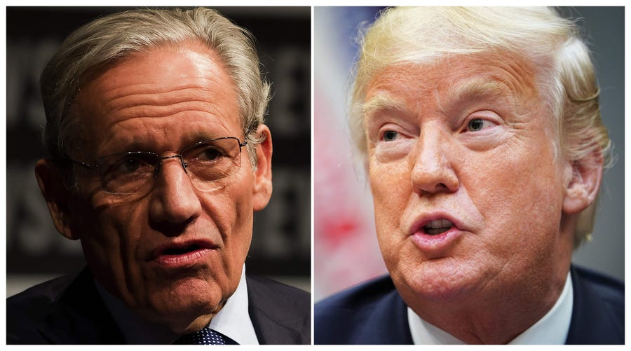 This combination of file photos created September 4, 2018 show Associate Editor of the Washington Post Bob Woodward (L) speaking at the Newseum during an event marking the 40th anniversary of Watergate at the Newseum in Washington, DC June 13, 2012; and US President Donald Trump speaking during an event to announce a grant for drug-free communities support program, in the Roosevelt Room of the White House in Washington, DC, on August 29, 2018.