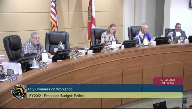 The North Port City Commission will host a special meeting Monday to address projected revenue shortfalls for the 2020-21 budget. Pictured here from an earlier meeting: North Port City Commission members Pete Emrich, Mayor Debbie McDowell, Vice Mayor Jill Luke and Chris Hanks. [Screen capture]