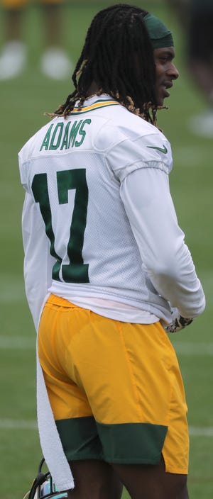 Green Bay Packers wide receiver Davante Adams (17) is shown Saturday, Aug. 15, 2020, during the team's first practice at training camp in Green Bay, Wis.