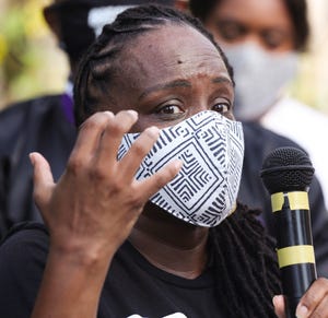 State Rep. Attica Scott spoke during a press conference held by the Kentucky Alliance Against Racist and Political Repression at Jefferson Square Park on Aug. 16, 2020