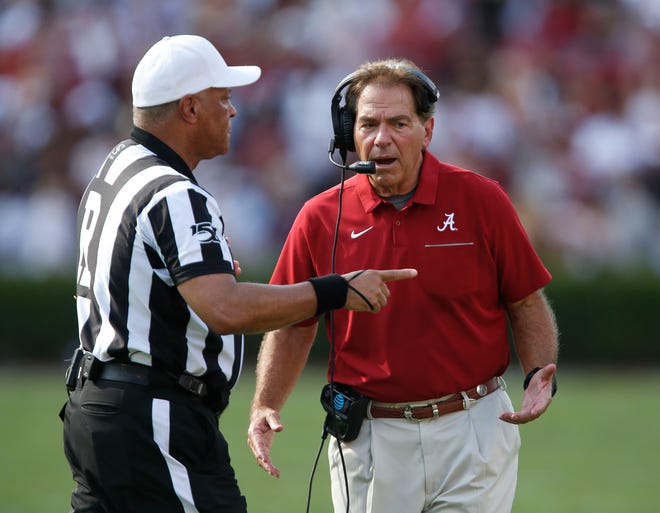 Alabama Head Coach Nick Saban questions a referee during Alabama's 47-23 victory over South Carolina in Columbia Saturday, Sept. 14, 2019. [Staff Photo/Gary Cosby Jr.]