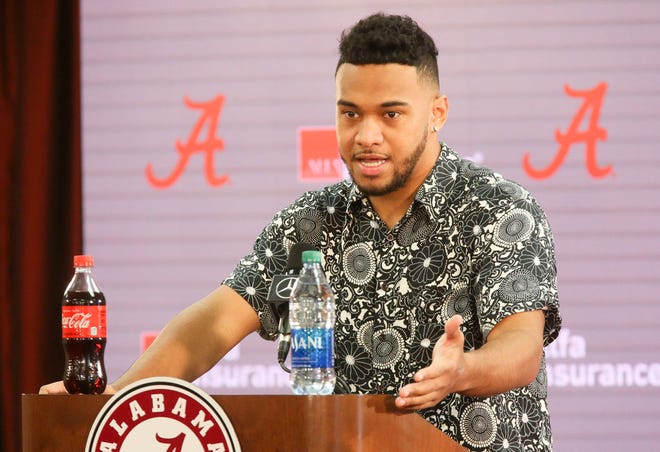 Tua Tagovailoa announced his intention to enter the NFL draft Monday, Jan. 6, 2020 during a press conference in the Naylor Stone Media Suite at the University of Alabama. [Staff Photo/Gary Cosby Jr.]