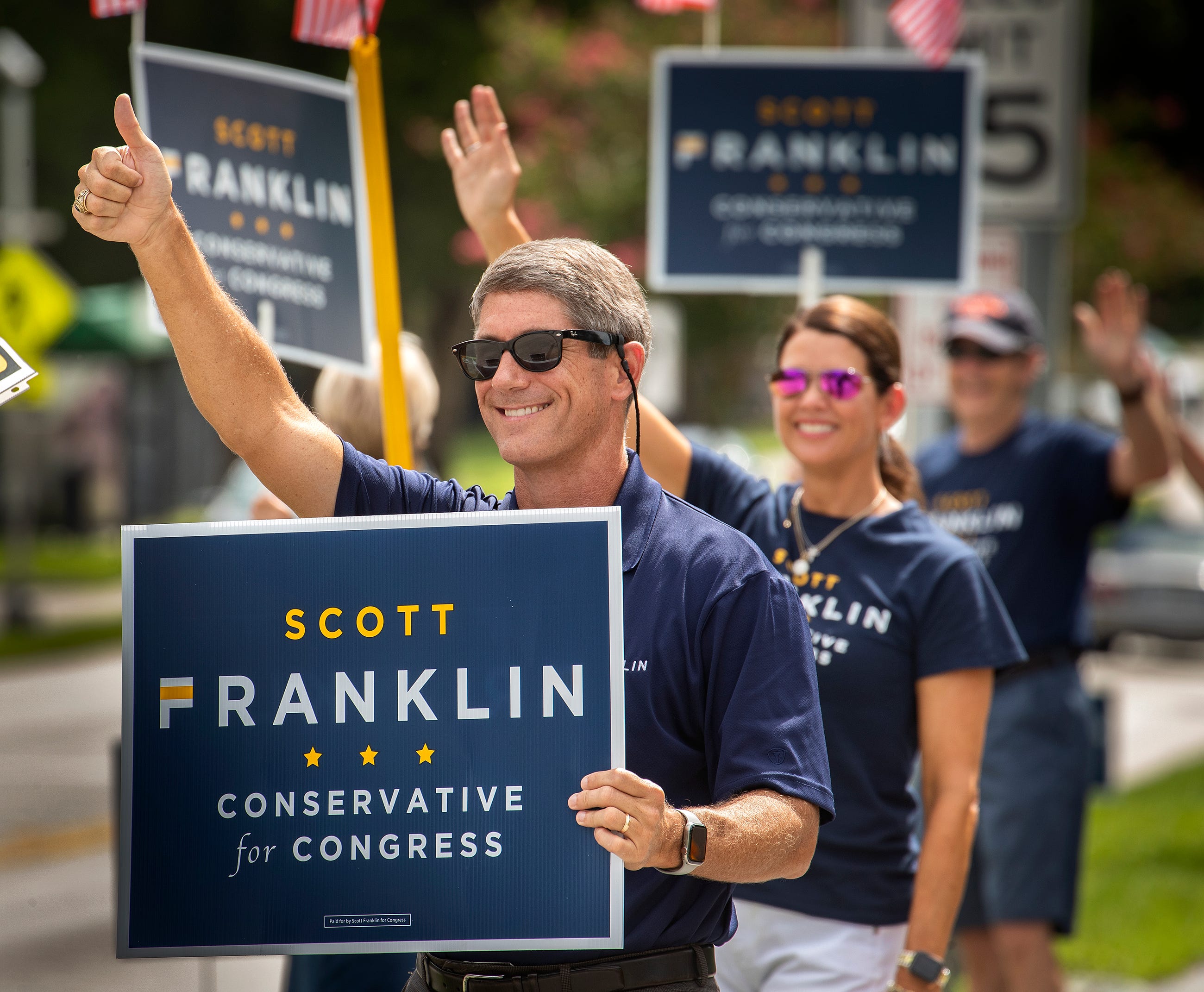 On the prospect that President Donald Trump, a supporter of his campaign in the Republican primary, could lose the election, Scott Franklin said: “Obviously, going in I knew that there’s a very real chance of that, which is why I think my experience with the military will help me out in that case. I’ve been accustomed to working on teams with people from all different ideas and backgrounds and persuasions and finding a way to get the job done.”