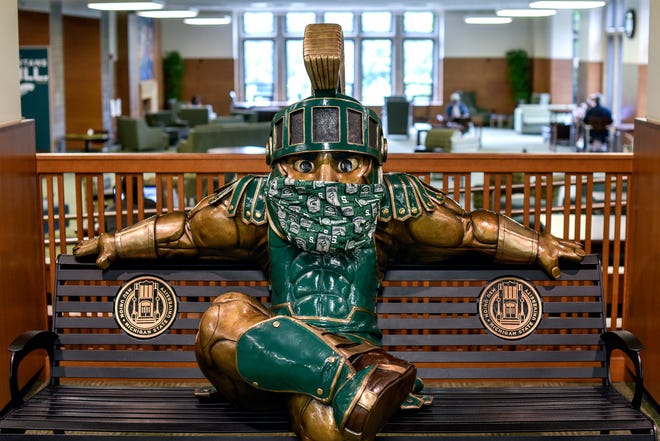 The Sparty inside the MSU Union is equipped with a mask photographed on Monday, Aug. 17, 2020, in East Lansing.