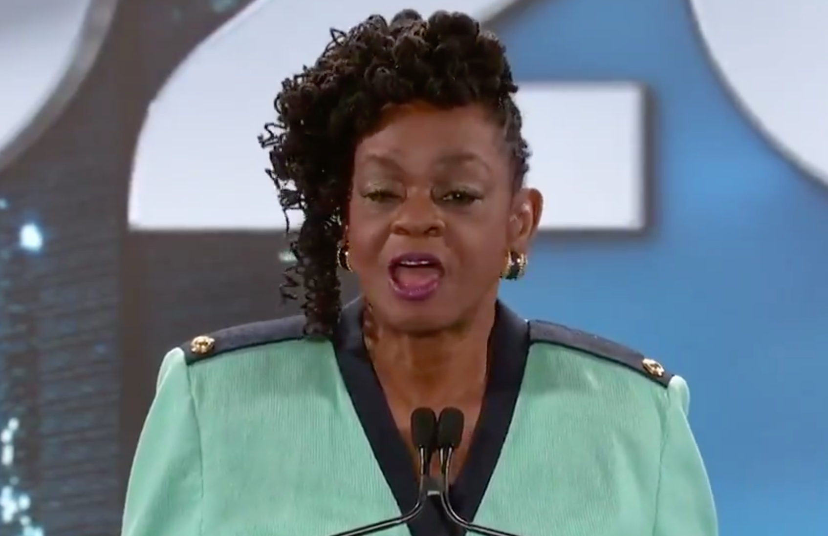 U.S. Rep Gwen Moore speaks from Milwaukee during the opening of the Democratic National Convention on Monday, Aug. 17, 2020.