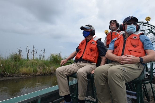 In this file photo from August 2020, U.S. Sen. Tom Carper, D-Del., tours the restoration of Prime Hook.