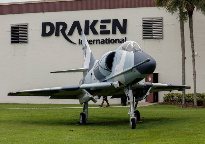 A Douglas A-4 Skyhawk is on display at the Draken International headquarters on Lakeland Linder International airport in Lakeland, Fla. A French-made air-to-air missile was found on company grounds Friday, requiring evacuation of the area and removal by the Air Force.